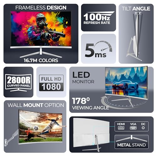 Image of Foxin Elite 27 inch Curved LED Monitor, FHD 1080p, 100Hz, 5ms, Frameless, HDMI /VGA, 2800R Curve, Anti-Glare, 250 cd /m, sRGB, Bezel-Less, Built-in Speakers with Strong Metal Stand