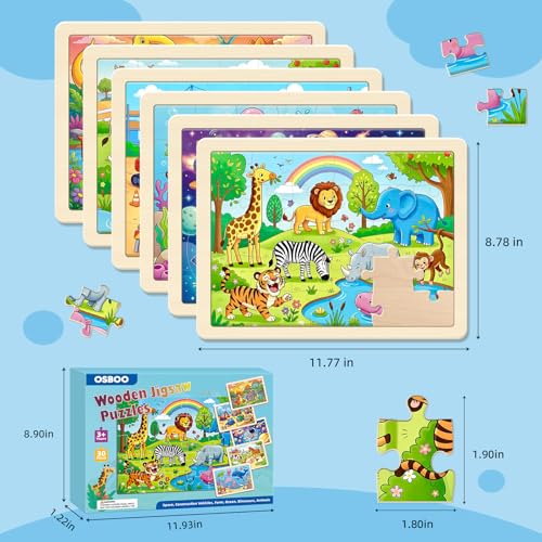 Puzzles de madera para niños de 3 a 6 años, set de 6 puzzles con 30 piezas cada uno, temas de descubrimiento mundial miniatura 2