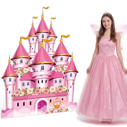 Yinkin Pink Princess Cardboard Castle Cutout Stand up 4ft Tall Princess Castle Party Decoration Waterproof Royal Fairytale Floral Photo Booth Prop for Pink Bridal Shower Birthday Party Decor