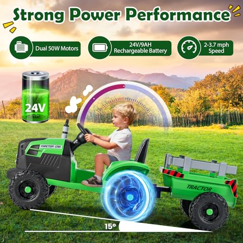 Image of Costzon 24V Ride on Tractor with Detachable Trailer, Kids' Electric Vehicles with 3 Speeds, 15 Climbing, Wireless Design, Horn & Music, Remote Control Tractor Toy for Kids 3+,Gift (24V, Green)