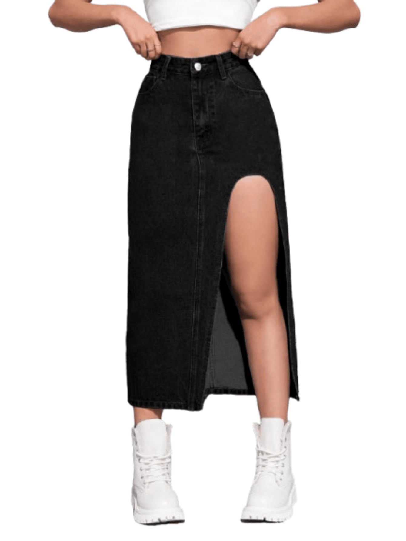 aahwan Women's Denim Calf Length Solid High Waist Split Thigh Skirt-picture-46