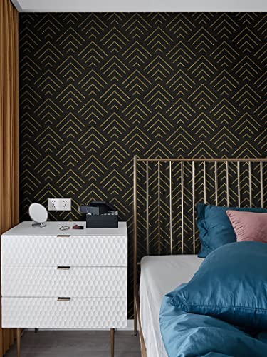 Heroad Brand 1 Roll Black And Glod Geometric Wallpaper 17.3”X78.7” + 1 Roll Wood Grain Wallpaper 17.7”X78.7” Peel And Stick Wallpaper Black And Gold Contact Paper Geometric Removable Wallpaper #TOP3