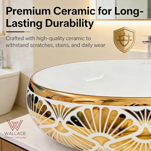 Image of Wallace Luxury Oval Table Top Wash Basin 60x40x15 cm | Premium Ceramic Countertop Vessel Sink with Gold Interior & Art Deco Pattern | Over Counter Designer Bathroom Basin