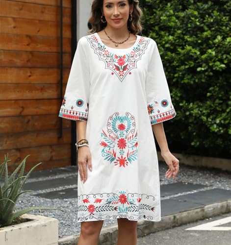 Image of Higustar Mexican Embroidered Dress Summer Cotton Bohemian Flower Peasant Traditional Mexico Fiesta Boho Dresses for Women