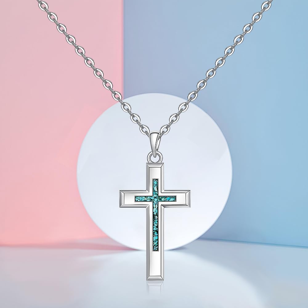 Sterling Silver Cross Necklaces for Women Silver Cross Crushed Turquoise Necklace Dainty Simple Pendant Nature Turquoise Jewelry Gifts - Image 5
