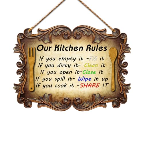 Image of PNF Poster And Frames OUR KITCHEN RULES Quote Wall art & Door Hanging Frame For Kitchen, Dining, restaurants Decor | Walland home Decor for Living Room | Room Decor Wall Decor Items For Bedroom | (Wooden, 11x9 Inch,brown)1-1