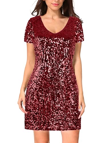 Image of MANER Women's Sequin Glitter Short Sleeve Dress Sexy V Neck Mini Party Club Bodycon Dresses