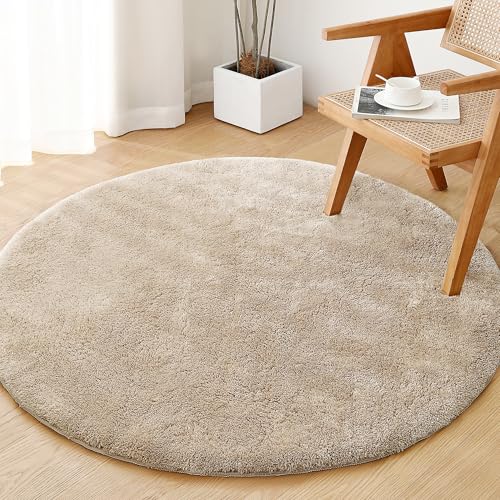 Smarcute Round Rug for Bedroom Area Rug 122 * 122cm Solid Fluffy Rug Ultra Soft Shaggy Area Rugs for Living Room/Bedroom/Dining Room/Kitchen Carpet Floor Mat Home Decorative- French Oak