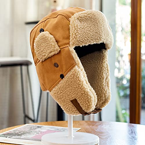 Ciamlir Chapka Homme Pilot Bomber Hat Unisex Wind and Cold Winter Cotton Hat Ear Protection and Velvet Earmuffs Cycling Ski Hat, Yellow,55-59Cm