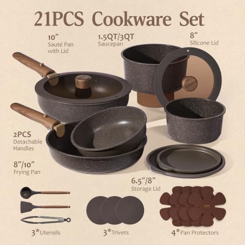 Image of CAROTE 21PCS Pots and Pans Set Non Stick with Detachable Handle, Nonstick Cookware Sets, Cooking Kitchen Set, Oven /Dishwasher Safe, Induction Cookware, Brown, RV Kitchen Pot and Pan