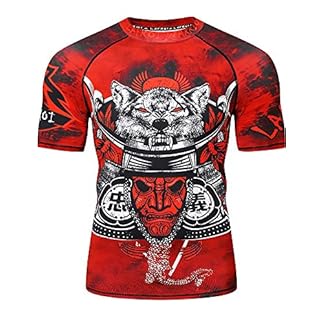 LAFROI Men’s Short Sleeve UPF 50+ Baselayer Performance Compression Shirt Rash Guard-CLY08 in Warrior color, featuring a detailed red and black wolf’s head design.