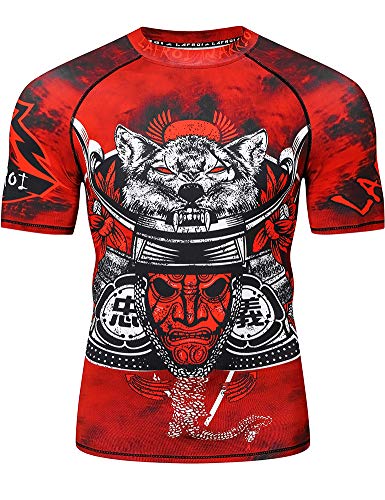LAFROI Men’s Short Sleeve UPF 50+ Baselayer Performance Compression Shirt Rash Guard-CLY08 in Warrior color, featuring a detailed red and black wolf’s head design.