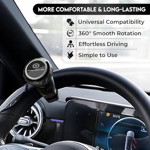FOURING Universal Steering Wheel Spinner Knob - Smooth Black Finish | Fits Steering Wheels 0.5\"-1.75\" Diameter | Effortless Spinning for Cars, Trucks, Tractors, Boats, Semi-Trucks, Forklift & More
