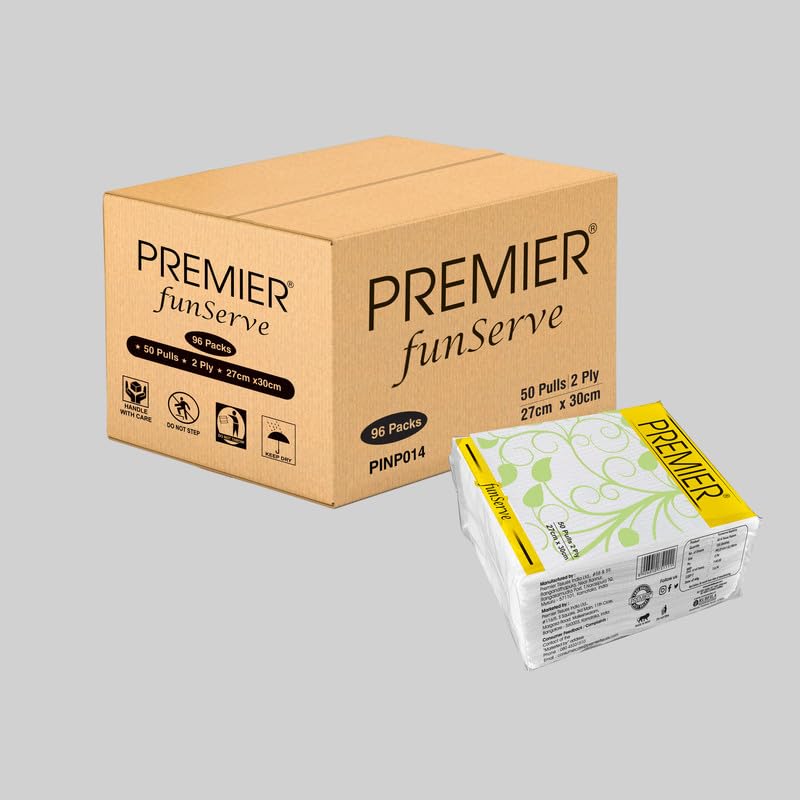 Image of Premier FunServe Tissue Paper Napkin (4800 Sheets) | 50 Pulls (Pack of 96) Wholesale Bulk Carton | Soft Absorbent 2ply Tissue Napkins | Disposable Table Napkins for Everyday use, party, home, offices