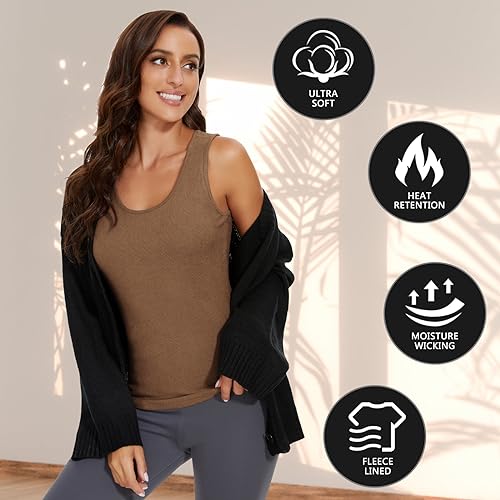 WOWENY Camiseta básica de Tirantes para Mujer con térmica, sin Mangas, Acanalada para Invierno, Camiseta térmica cálida, Camiseta Interior, Ropa Interior, Forro Polar, para el día a día, marrón, S