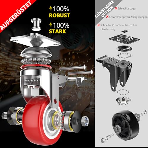 Deutnart 100mm Transportrollen mit Bremse, Extra Schwerlastrollen 700kg Tragfähigkeit, Langlebige Schmutzabweisende Lenkrollen (3. Generation, Verbesserter Premium Stahl, Solides Rad), 4er Pack, Rot