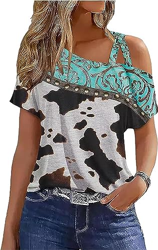 Criss-Cross Cold Shoulder Tops Shirt Women Sexy One Sided Shoulder Blouse Tee Casual Loose Vacation Tunics Top