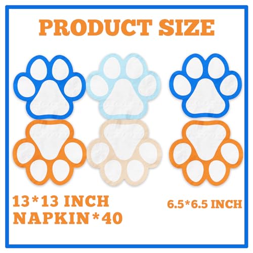 Blue Dog Napkins, 40Pcs Orange and Blue Dog Paw Napkins Disposable Blue and Orange Napkins Birthday Party Decorations, Orange and Blue Nakpins for Girl Boy Birthday Party