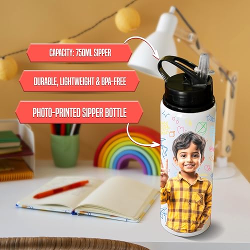 Image of SAVRI Personalized Aluminum Water Bottle Custom Photo Printed with Name 750 ml - Lightweight, Eco-Friendly Design Nozzle Sipper Perfect for gym lovers, runners