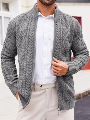 Runcati Mens Full Zip Cardigan Sweater Casual Cable Knitted Mock Neck Ribbed Winter Sweaters2