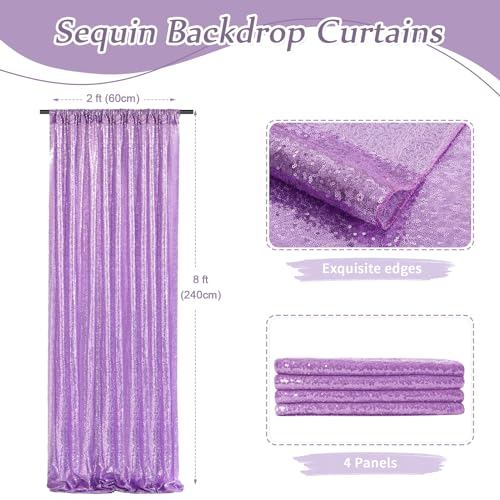 Image of Sparkly Sequin Backdrop Curtain 4 Pcs 2ftx8ft Wedding Party Backdrop Lavender Sequence Sequin Photo Booth Backdrop