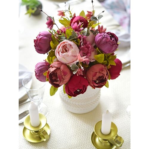 Image of FiveSeasonStuff Mystic Blush Silk Peony & Hydrangea Bouquet with 2 Gold Taper Candle Holders; Vintage-Inspired Artificial Flowers for Weddings & Home Decor