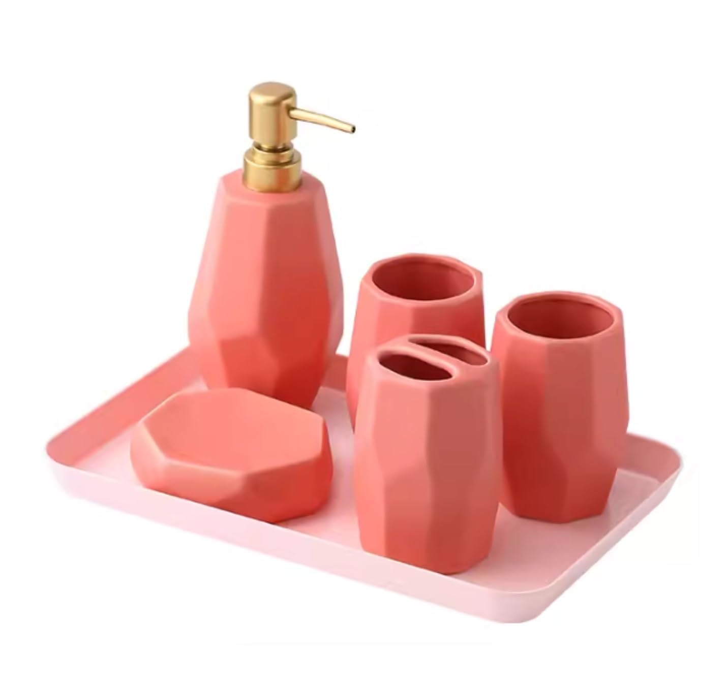 Badezimmer Set 6 Packungen Badezimmer Zubehör Set Keramik Toilettenartikel Lotion Flasche Seifenschale Dekoration Organizer(Pink)