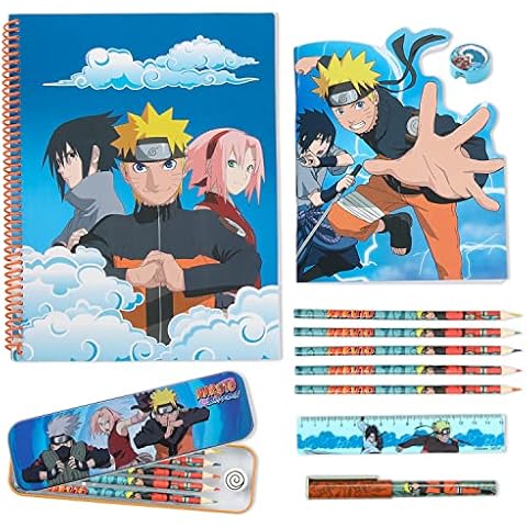 Naruto Stationery Set with Colouring Pencils Tin Pencil Case Childrens Notebooks Bumper Stationery Pack Anime Stationery Set School Supplies Anime Gifts for Boys Cover