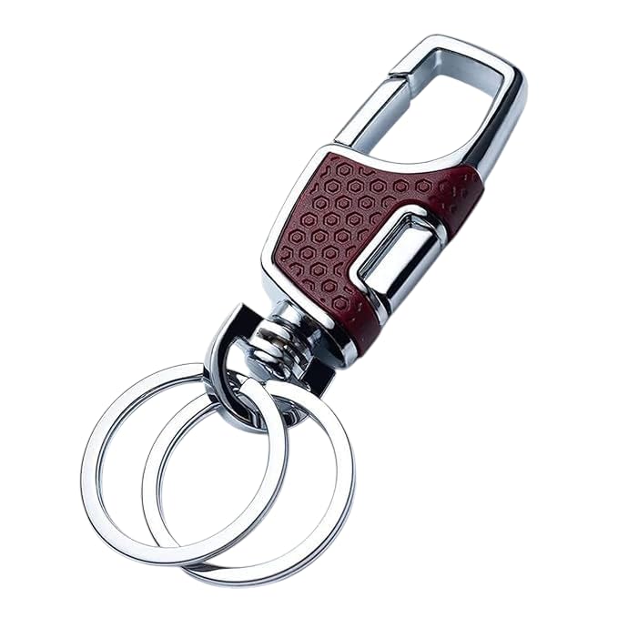 Metal Keychain with Double Ring and Hook – Premium Red Grip Design Carabiner Style Key Holder for Bike, Car and Accessories