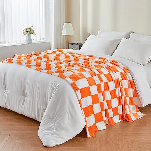 BEDELITE Checkered Throw Blanket Twin Size Luxurious Fleece Blanket Checkerboard Grid Orange and White 60"x80" - Image 4