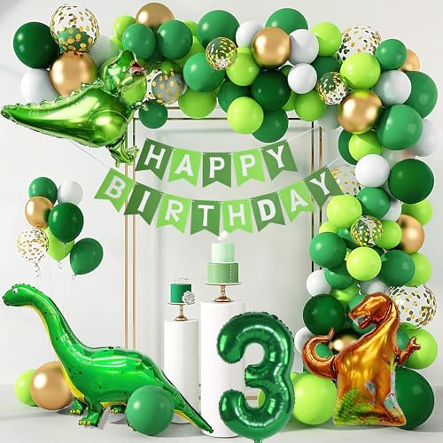 INCETUE 134 pcs Dinosaur Birthday Decoration Set for Age 2 3 4 5 6, Green Foil Number 3 Balloons for 3rd, Dino Jungle Theme Children's Birthday Party Decorations Supplies Kit for Boys & Girls
