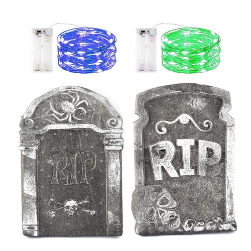 WUSJCOF 2 unidades tumbas de Halloween brilhantes e resistentes à água, conjunto para exteriores cemitério assombrado e zombies, ideal para decoração (verde e azul)