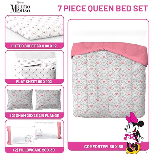 Image of Disney Minnie Mouse Queen Comforter Set 7 Piece Bedding for Girls, Grey | Bed in a Bag, Comforter Sheets Shams Pillowcases, Official Product, Soft Microfiber, Machine Washable, Girls Gift