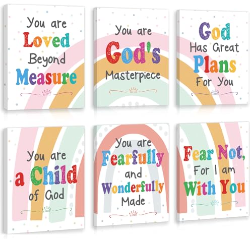 HPNIUB Scripture Wall Decor,Inspirational Christian Wall Art,Set Of 6 Piece (12x16inch,Framed) Rainbow Bible Verses Canvas Poster For Sunday School Classroom Nursery Decor,Christian Gifts For kids