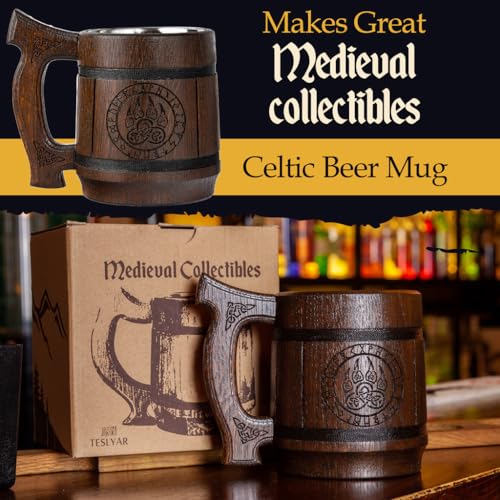 Telyar Chope à Bière en Bois 0.6L Idée Cadeau Original pour Noël Chope Design Loup – Image 5