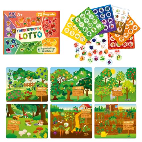 MAGNIKON Juego de bingo para niños a partir de 3 años, aprendizaje de colores, juego de memoria de lotería, 72 imanes, 6 campos de juego de doble cara, lotería de fotos frutas y verduras, juego