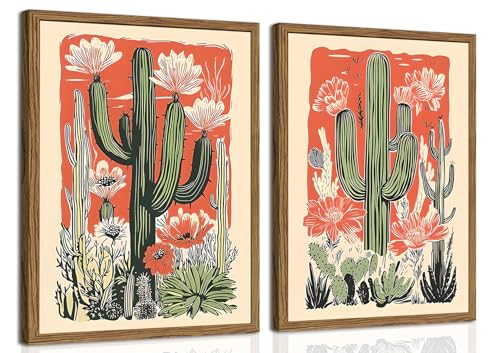 Framed Mexican Cactus Canvas Wall Art Set of 2, Vintage Desert Floral Pictures Wall Decor Paintings, Boho Southwestern Botanical Prints for Living Room Bedroom Bathroom Office Home Decor 12x16 inch