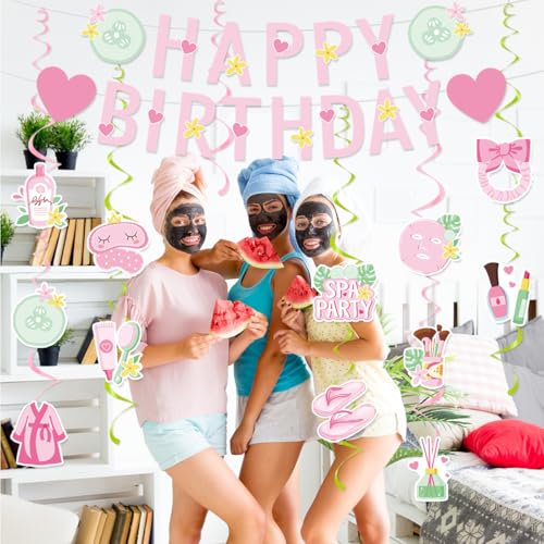 Image of Spa Birthday Party Decorations Include Spa Happy Birthday Banner Hanging Swirls Spa Day Theme Party Supplies For Girls