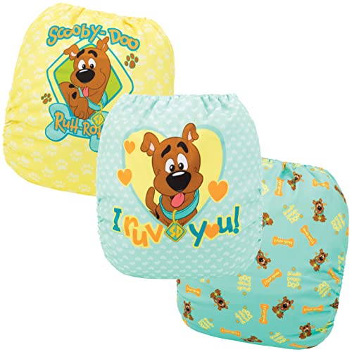 Image of Simple Being Reusable Baby Cloth Diapers Adjustable Size, Double Gusset, Waterproof Cover, 3 Pack with 3 Inserts Scooby Doo (I Ruv You)