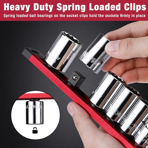 Image of WORKPRO Magnetic Socket Organizer, 1 /2-Inch Drive Aluminum Alloy Sockets Rail, Heavy Duty Sockets Holder, Socket Rack Kit 1 /2-Inch x 10 Clips (Red)