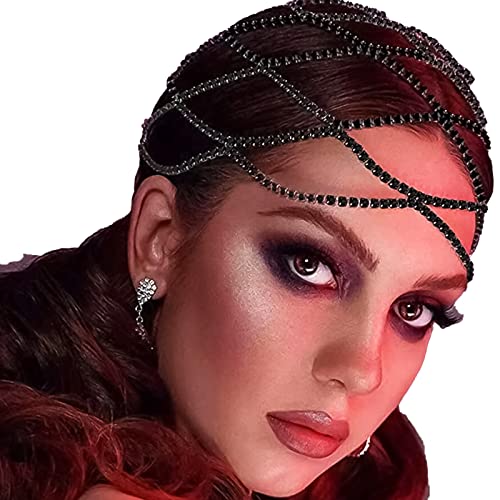 NAISKA Black Crystal Rhinestone Headpieces Caps for Women Wedding Bride Crystal Head Chain 1920S Flapper Hair Headband Jewelry Gatsby Hair Accessories for Women and Girls