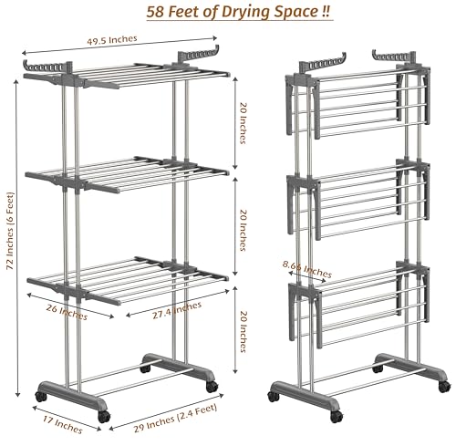 Image of Synergy - Premium Heavy Duty Stainless Steel Clothes Drying Stand | Cloth Dryer Stand | Cloth Stand for Drying Clothes Foldable | Cloth Hanging Stand | Cloth Drying Stand (3-Tier) Grey - SY-CS20