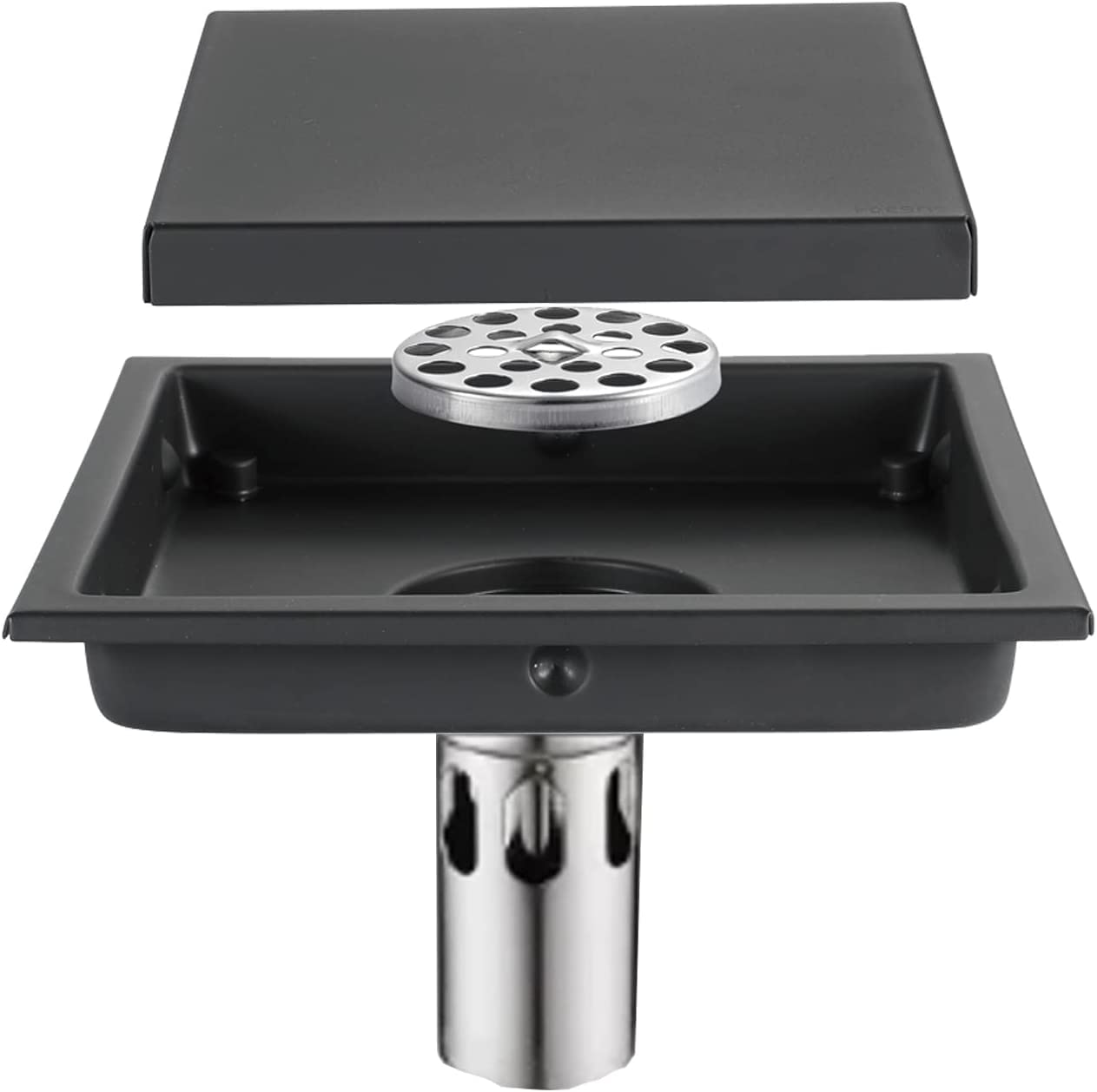 Caniveau de Douche carré de 15 cm avec Grille d'insertion pour carrelage, caniveau de Douche carré avec Filtre à Cheveux, caniveau de Douche en Acier Inoxydable 304 pour Salle de Bain, Noir