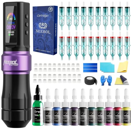Neebol Wireless Tattoo Gun Kit, Rotary Tattoo Machine Kit with LED Display & 6H Long-Lasting Battery, 20 Cartridge Needles & 10 Ink Set, Tattoo Kit for Beginners Complete Set