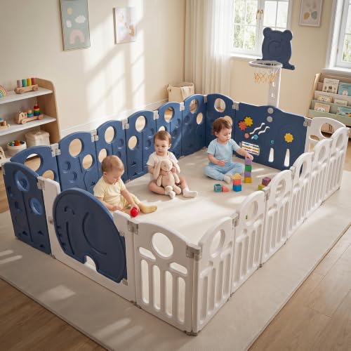 Baybee 2 in 1 Foldable Kids Playpen for Babies | Baby Play Area Indoor Setup with Basketball Set, Sensory Toys, Safety Lock, & Double Knob | Outdoor P