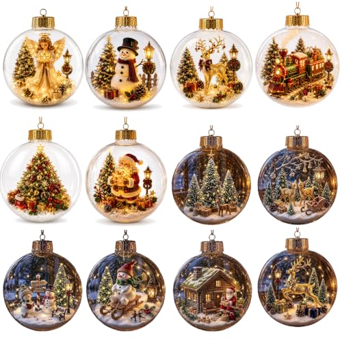 12PCS Glowing Christmas Ornaments - Mini Gold Light-Up Christmas Ball Ornaments - Christmas Tree Ornament with Warm LED Light for Tree Mantel, Holiday Scene Decoration & Gift