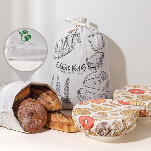 4 Stück Premium wiederverwendbare Brotbeutel für hausgemachtes Brot und Sauerteig mit Brotschutzhüllen, Leinenbrot-Aufbewahrungsbeutel mit Kunststoffauskleidung – perfekte Brotbeutel für hausgemachtes