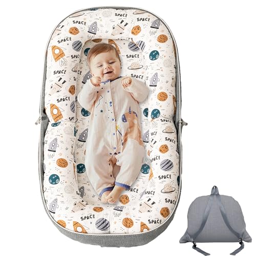 Image of GloTika Baby Lounger, Foldable Infant Nest with Soft Memory Foam Mat, Cover with Adorable Pattern, Converts to Backpack for Easy Travel, 0-12 Months, Rocket