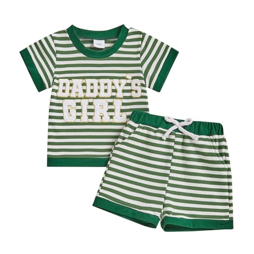 Image of GOOCHEER Toddler Baby Girl Summer Outfit Striped Waffle Short Sleeve T-Shirt and Shorts 2PCS Clothes Set