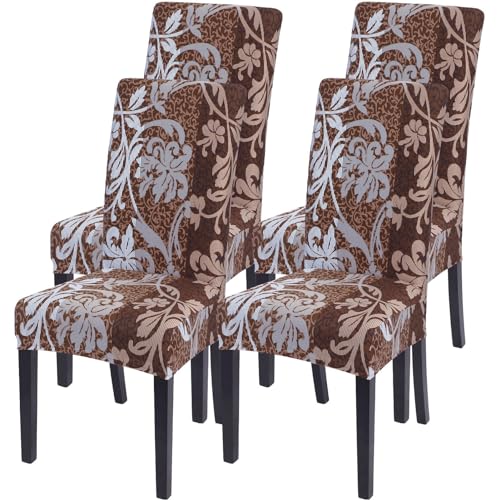 Image of SearchI Dining Room Chair Covers Set of 4, Stretch Printed Parsons Chair Slipcovers Removable Washable Kitchen Chair Protector Cover for Dining Room, Hotel, Ceremony (Brown+Flower)